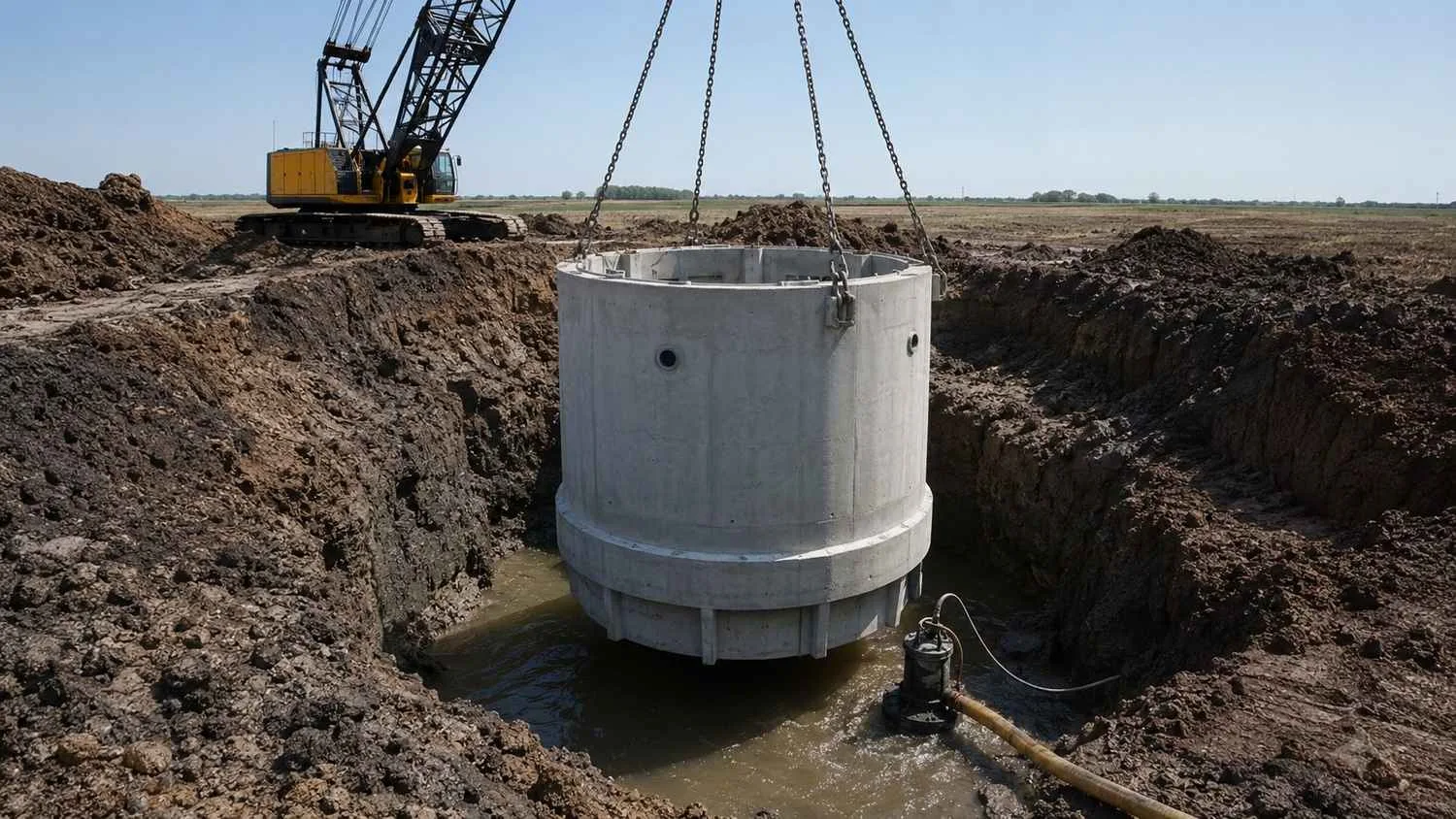 Lift station wet well being set in Houston area high groundwater excavation.