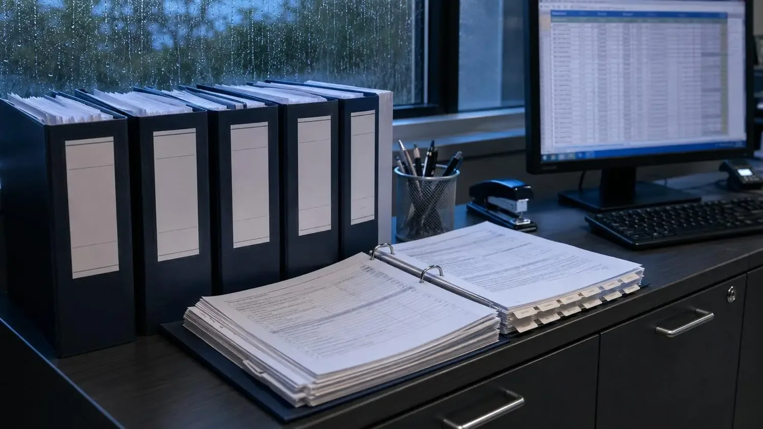 Organized compliance file binders for a private wastewater treatment plant, with sampling results, operator documentation and TCEQ correspondence arranged chronologically