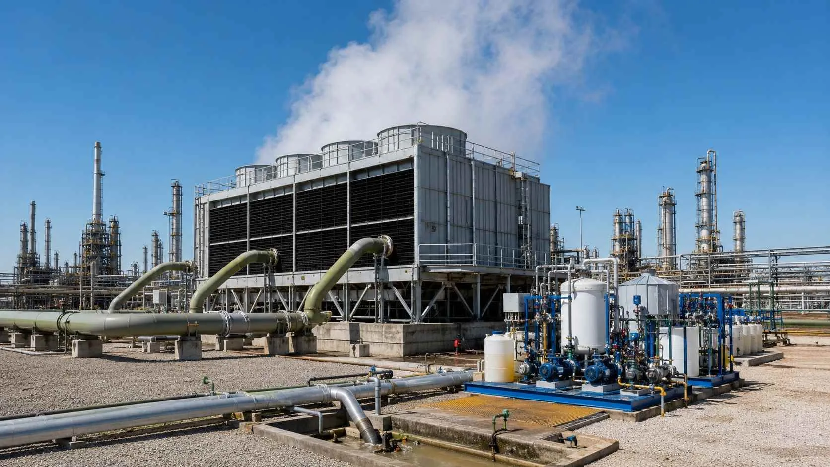 Recirculating cooling tower at Houston Ship Channel industrial facility showing reuse optimization.