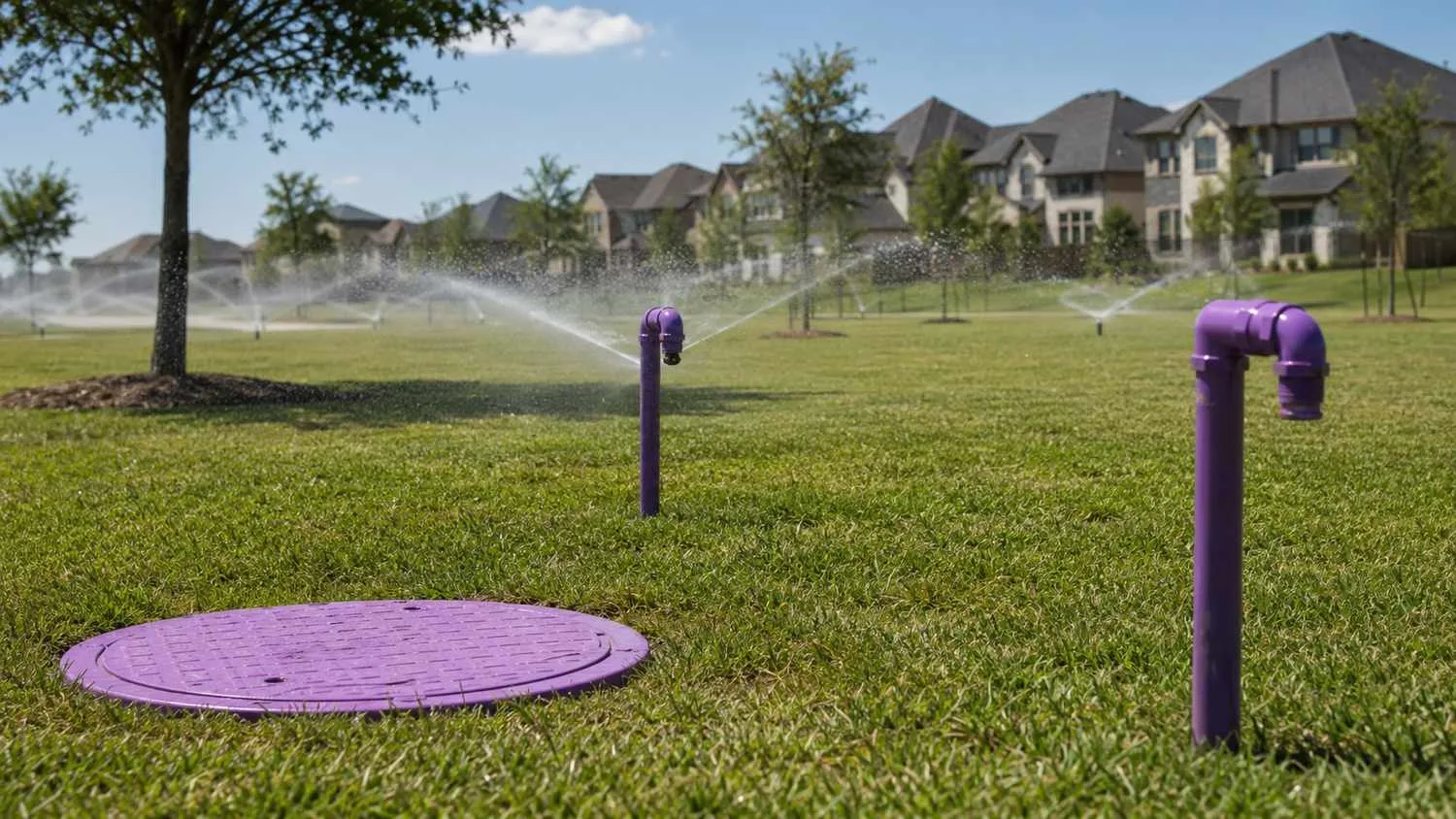 Purple reclaimed water irrigation system serving Texas subdivision common areas.