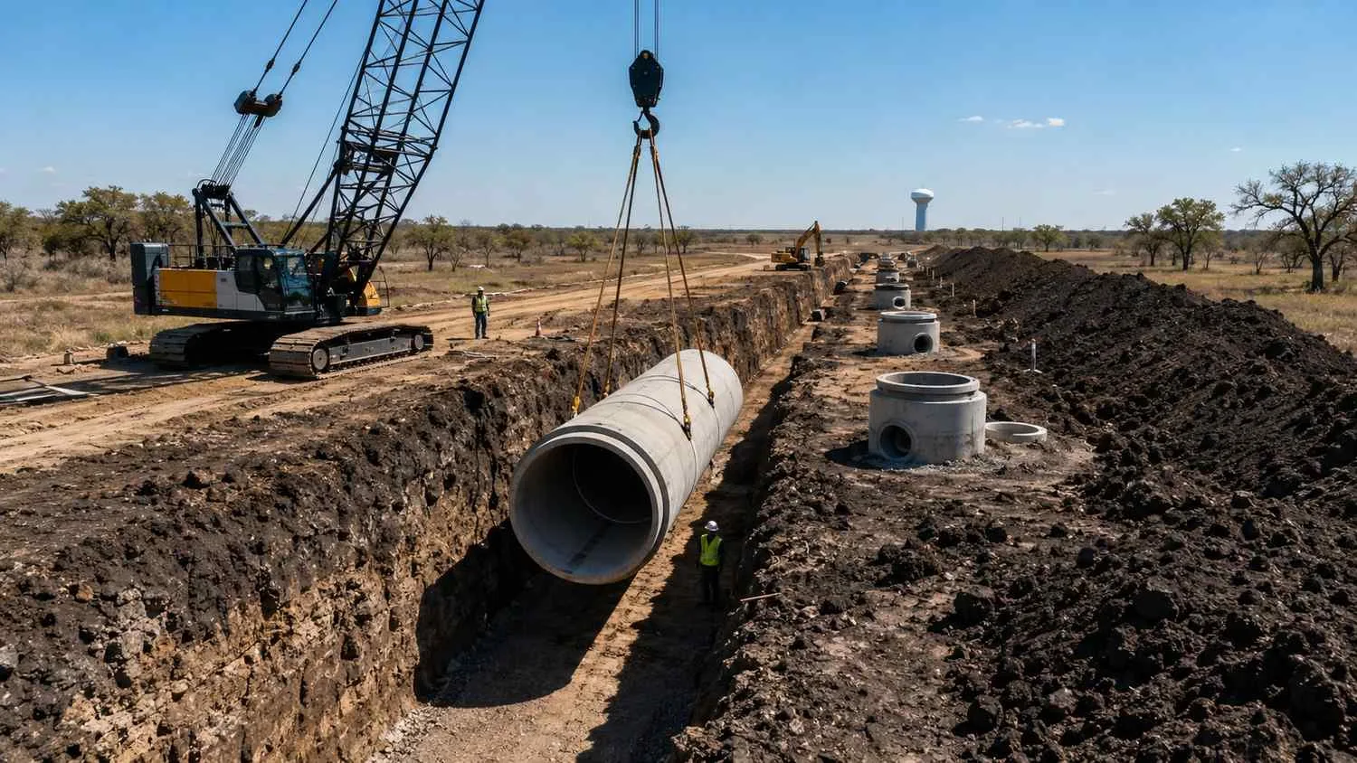 NTMWD regional sewer trunk main installation in Collin County growth corridor.