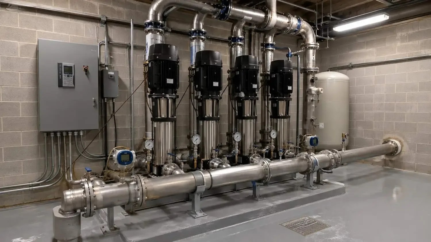 High rise booster pump station equipment in Dallas building mechanical room.