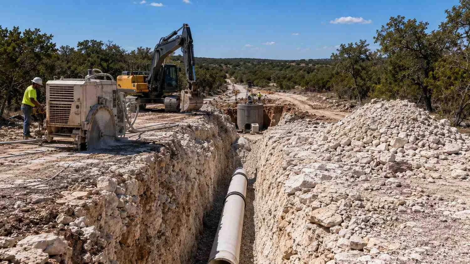 Sewer extension trench installation across Hill Country karst terrain near Austin.