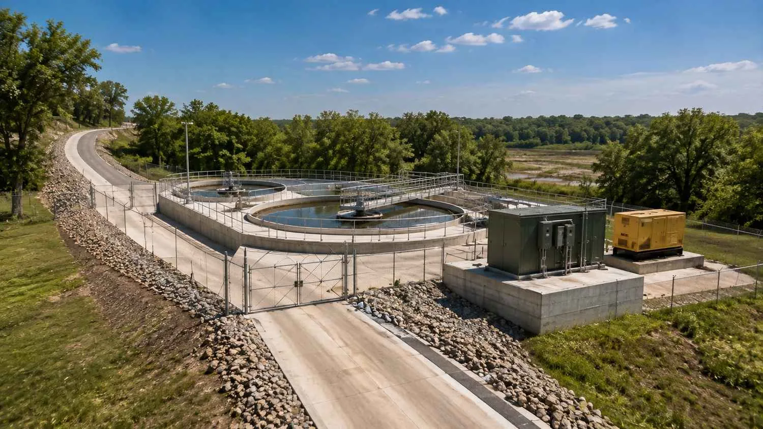 Wastewater treatment plant on elevated pad above Trinity River floodplain.