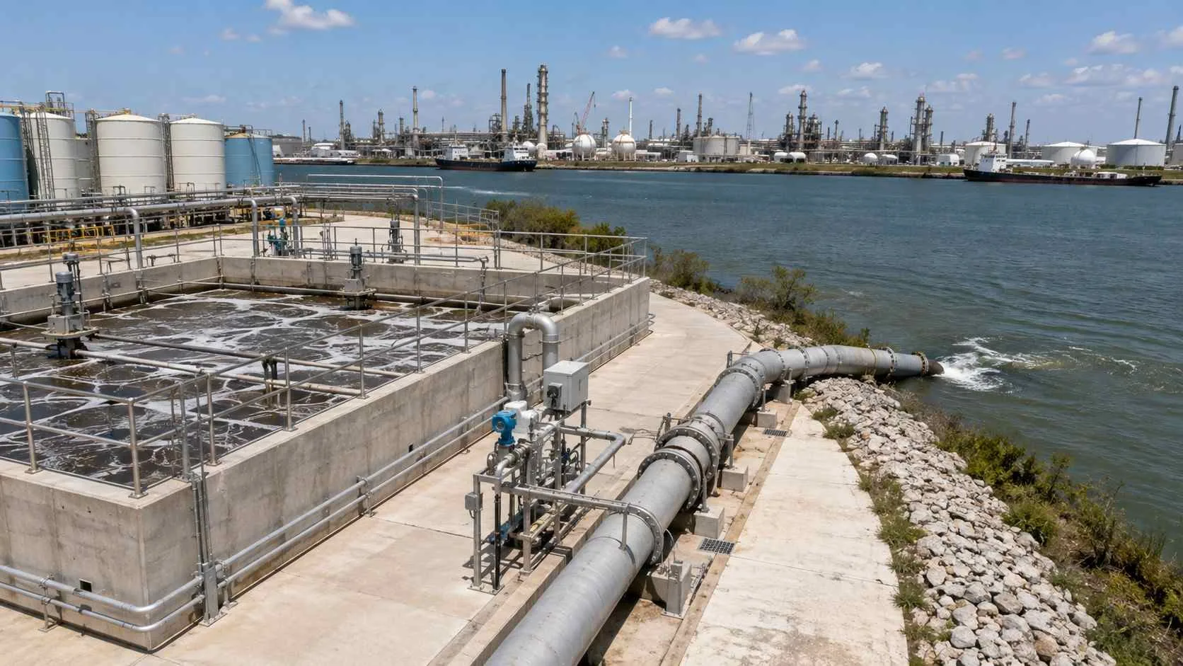 Industrial wastewater outfall structure at Houston Ship Channel facility.