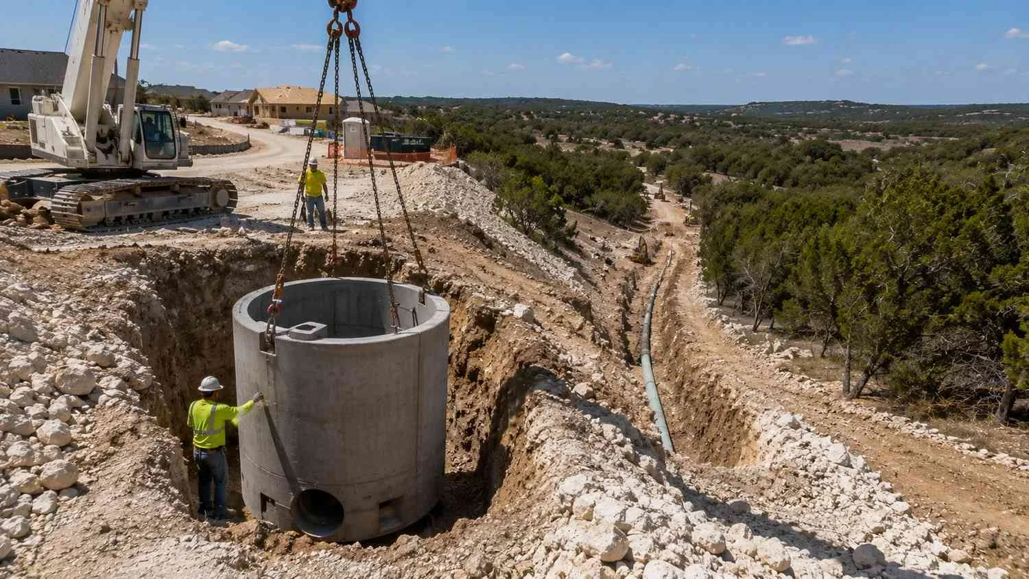 Lift station installation on Hays County varied terrain.