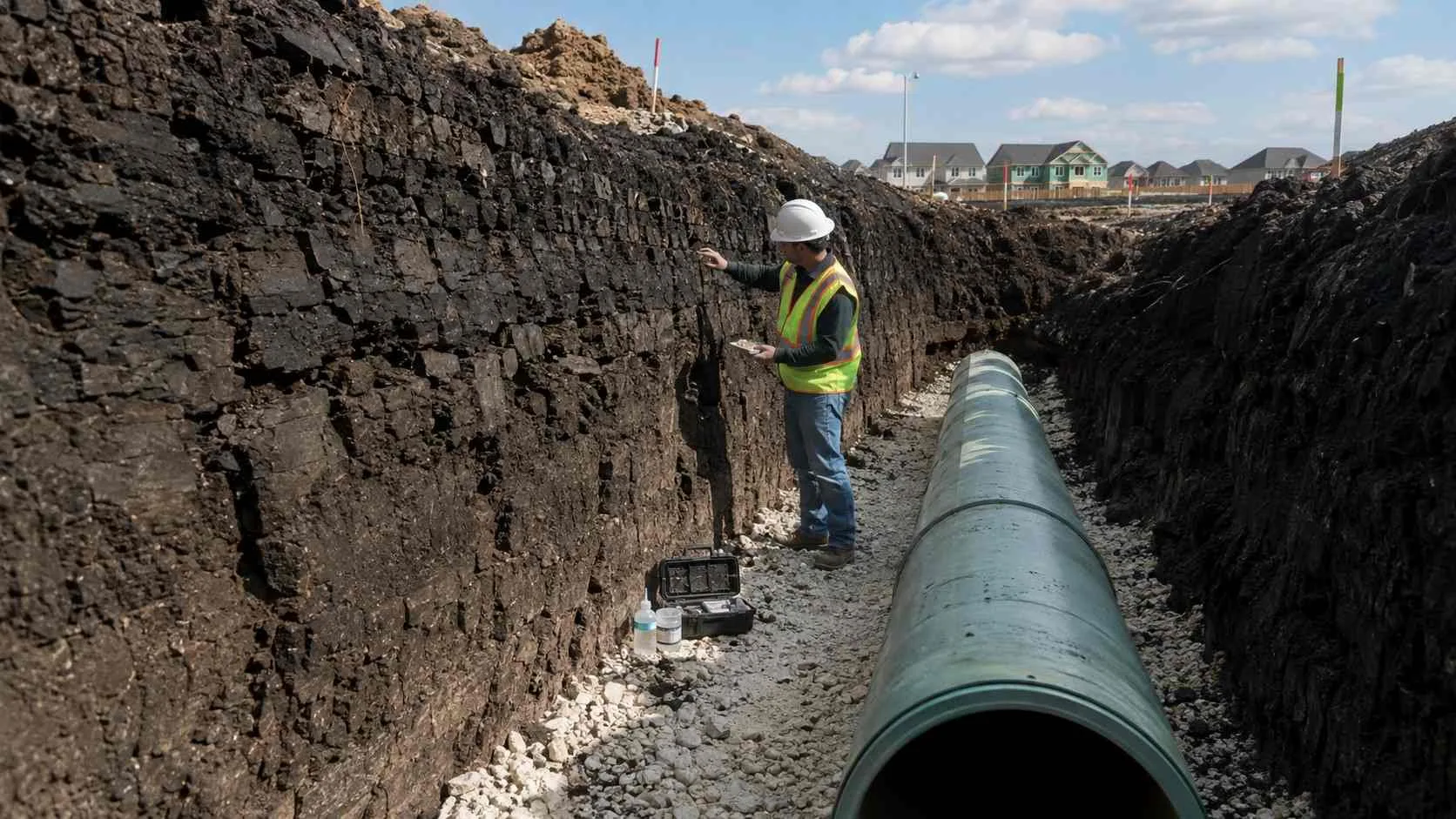 Utility trench through Blackland Prairie clay in Collin County showing bedding material installation.