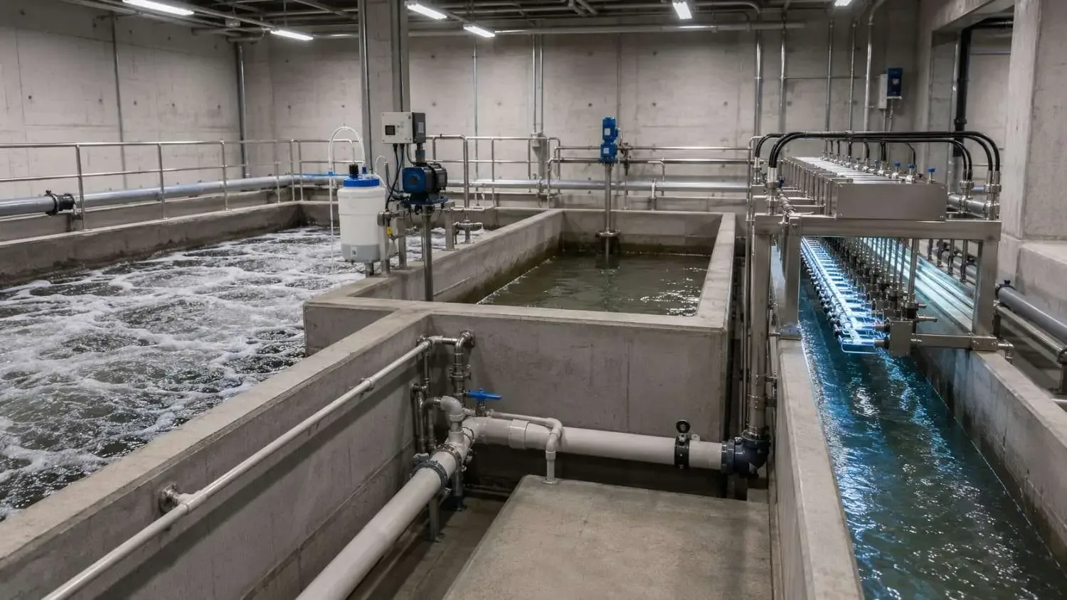 Ground-level shot of an advanced wastewater treatment plant in Texas showing a nitrification basin with fine bubble aeration, a chemical phosphorus precipitation feed system and UV disinfection equipment.