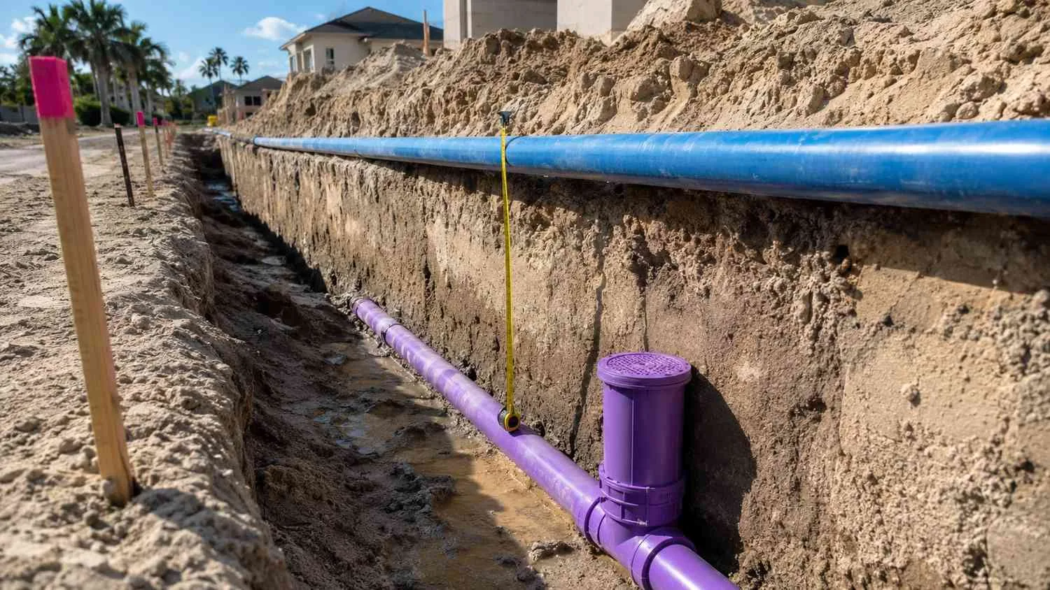 Florida dual water system installation showing purple reclaimed water pipe and blue potable water pipe with required separation distance in a utility trench.
