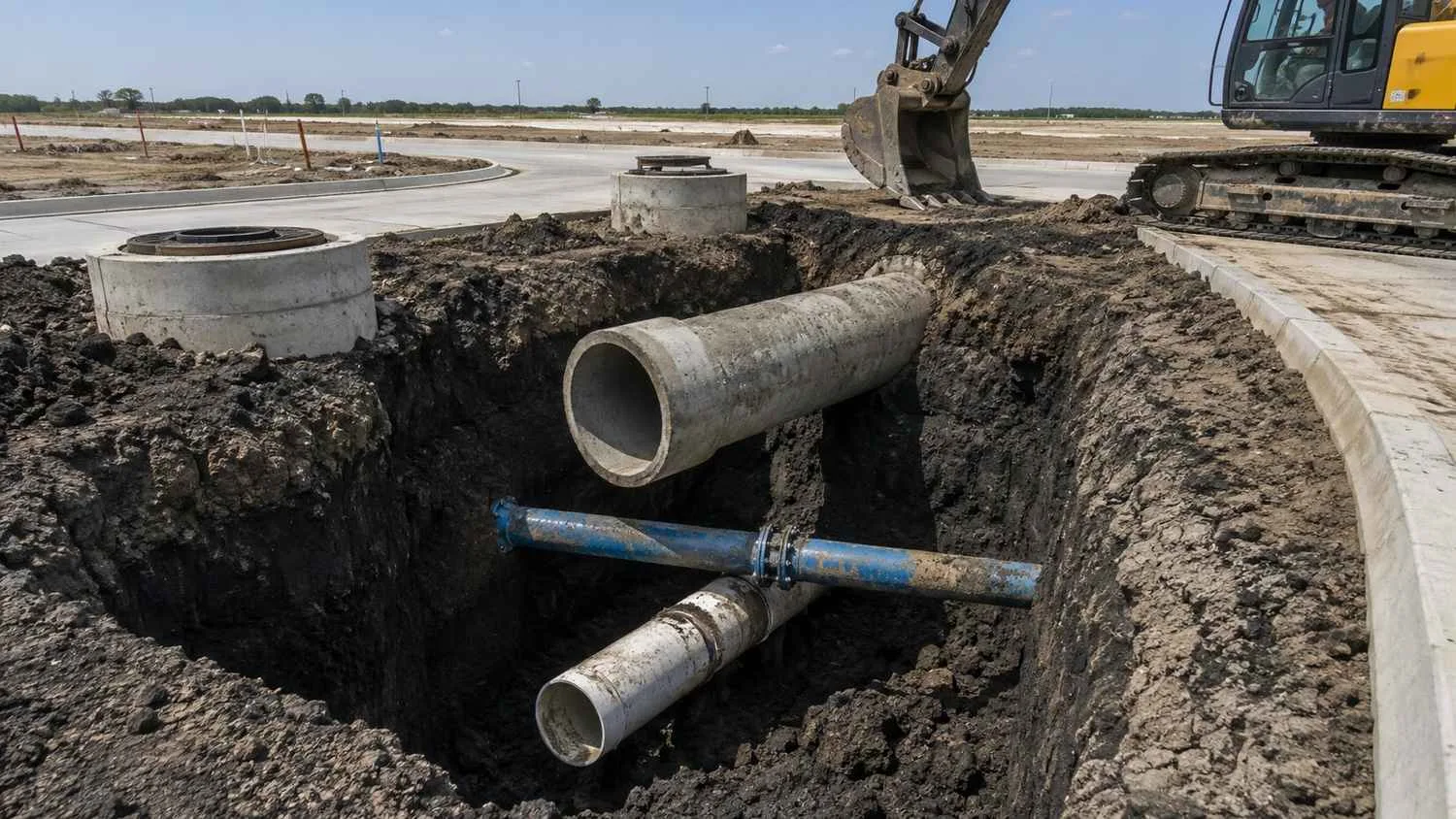 Storm drain and utility crossing installation in McKinney subdivision street.