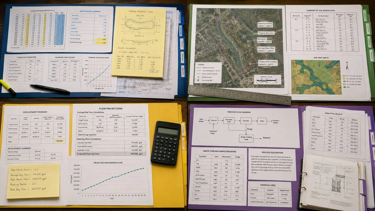 Four folders of permit application documents: a water balance study with 25-year precipitation data and reservoir sizing, a site map with setbacks and soil boring data, flow projections for a development, and an industrial process flow diagram with a waste stream characterization table.