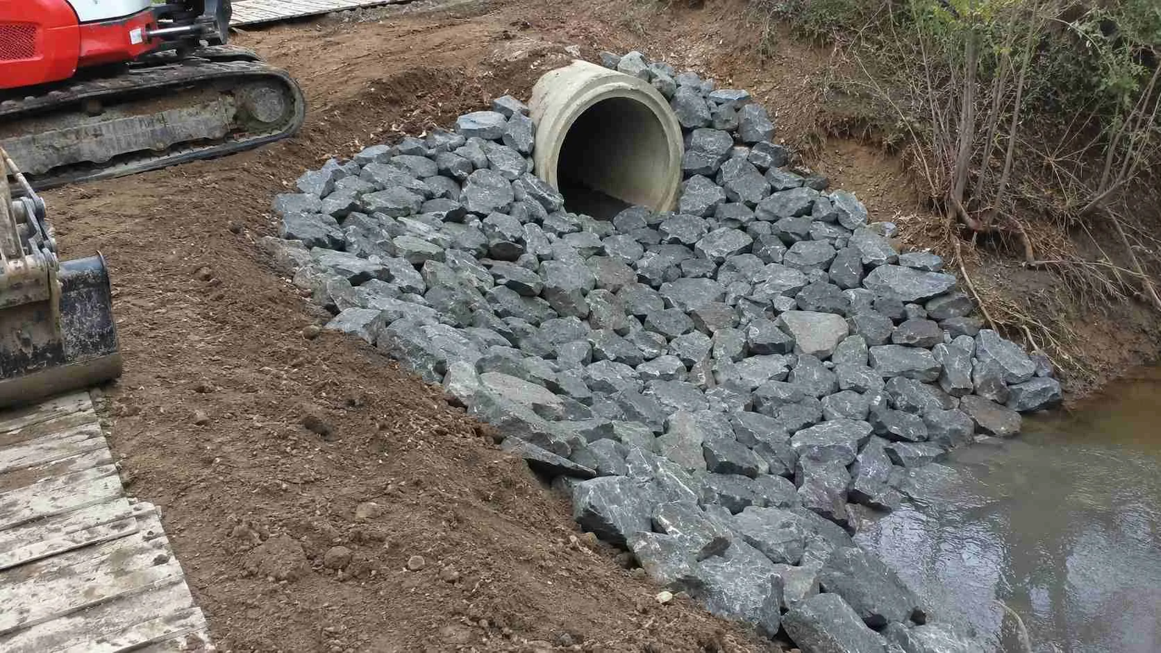Riprap scour protection installed around an outfall