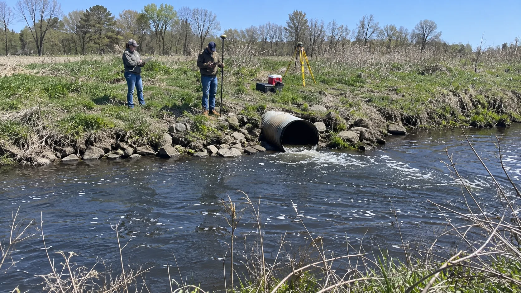 Surveying the exact discharge location at a creek bank