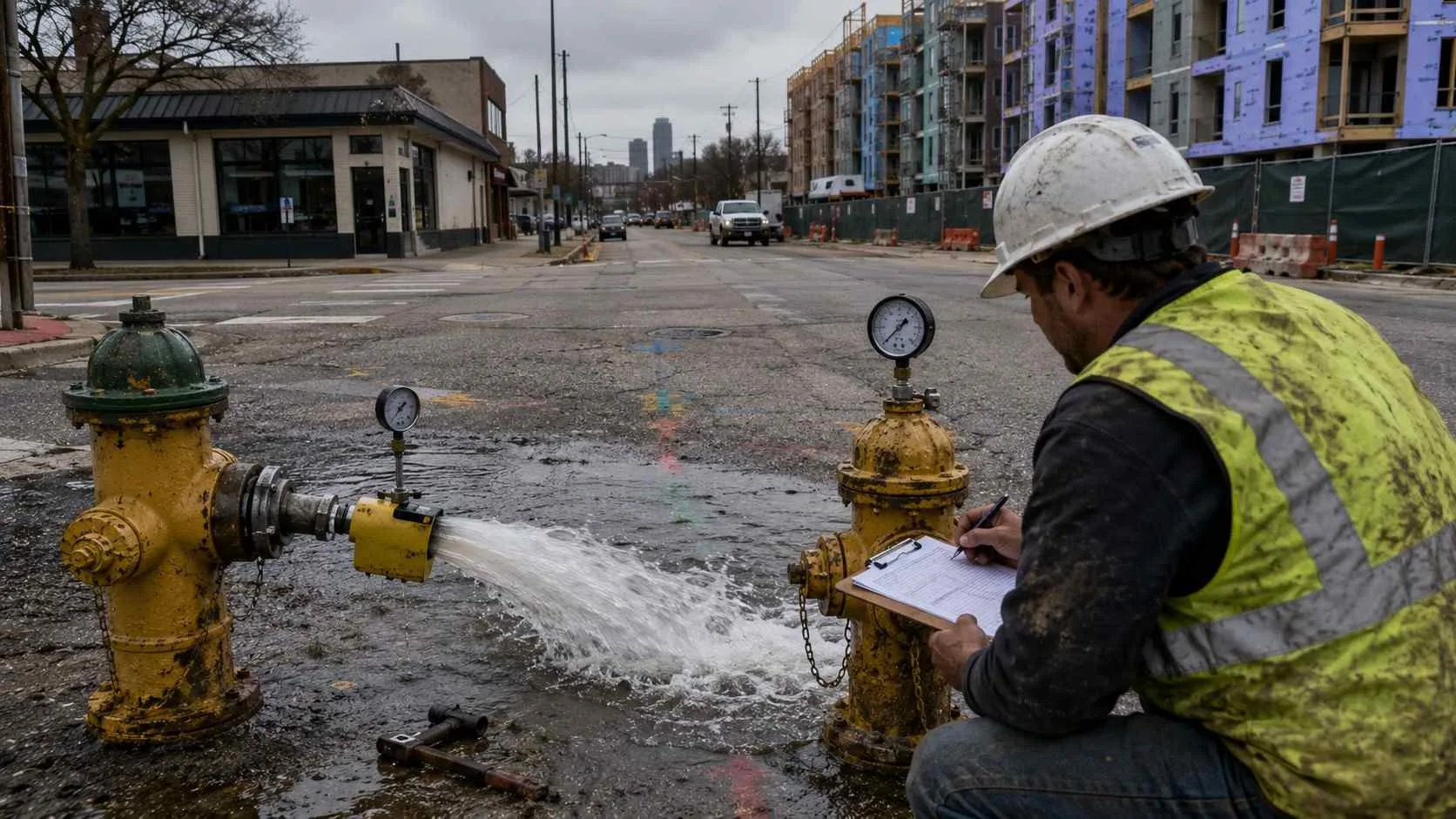 Fire hydrant flow test at Dallas infill redevelopment site confirming aging water main fire flow capacity.