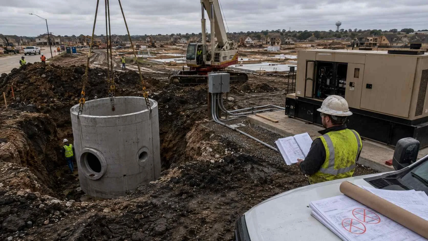 Lift station wet well installation at McKinney development site showing standby power and redundancy requirements.