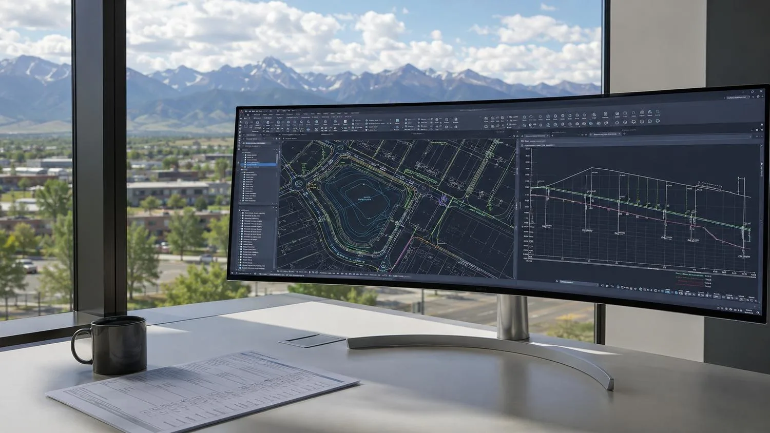 AutoCAD screen showing a Colorado development site plan with storm drainage layout, sanitary sewer alignment, detention pond design, and drainage channel profiles prepared for Denver Wastewater Engineering Department submittal review