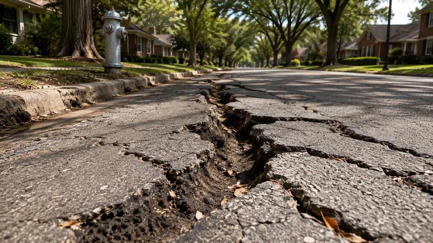 Cracked pavement above utility trench on Dallas area reactive clay formation.