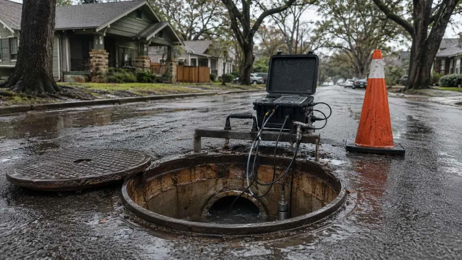 Sewer system flow monitoring equipment in Dallas older watershed during storm event.