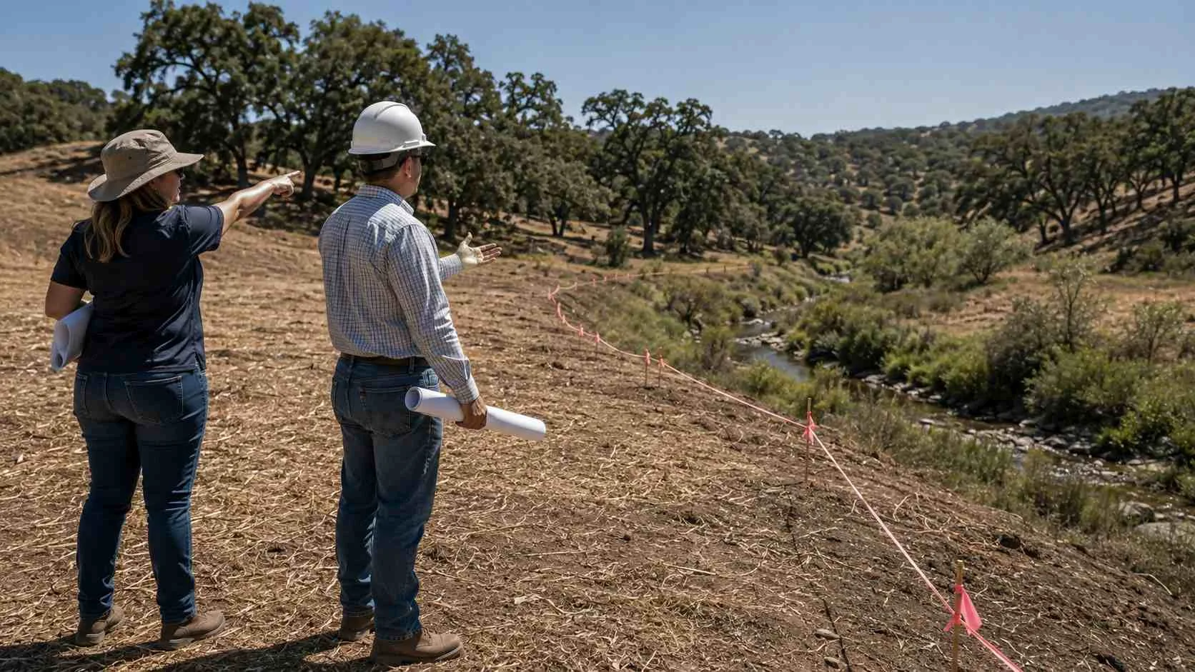 Developer team coordinating with California Regional Water Board representative at recycled water project site inspection.