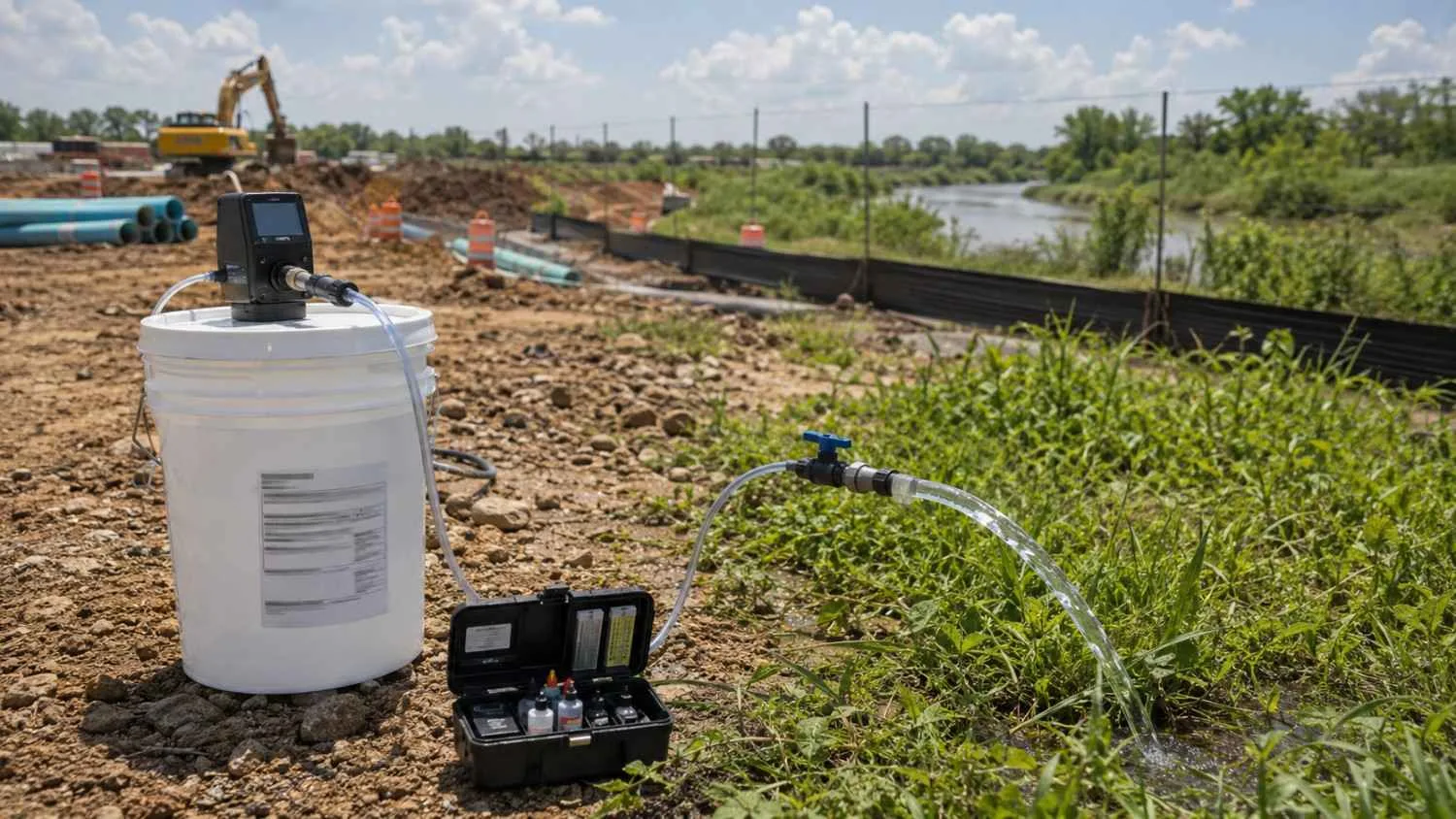 Field dechlorination setup at a Texas construction site showing sodium thiosulfate solution being added to hydrostatic test water through a chemical injection point before controlled discharge to a vegetated disposal area