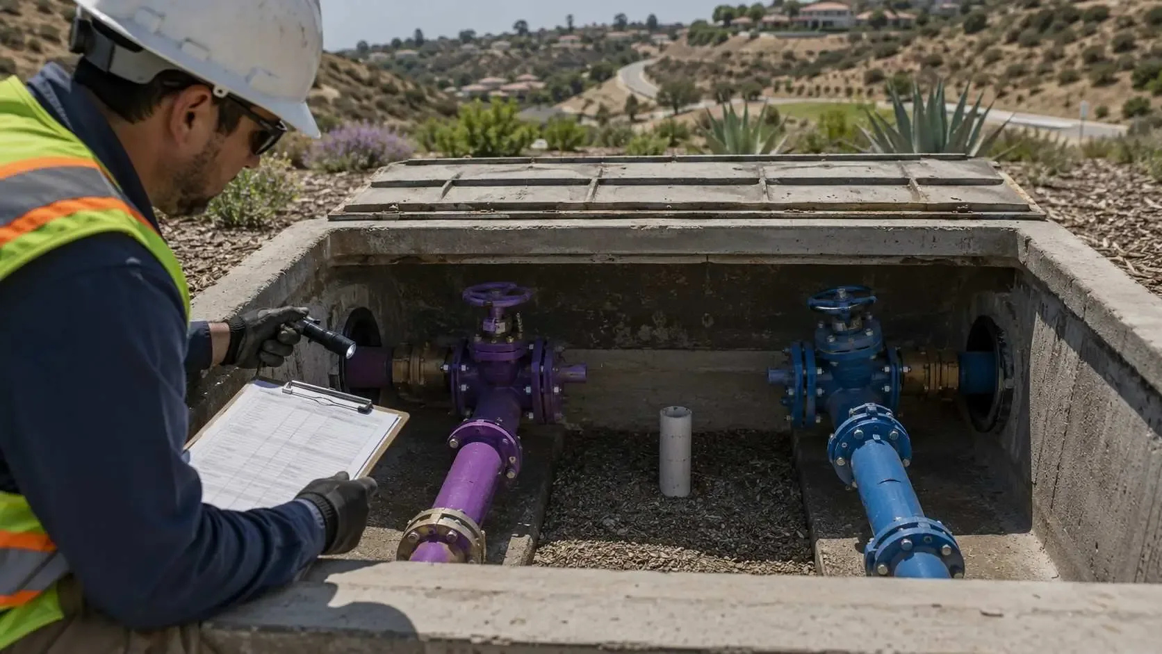 Cross connection control verification between purple recycled water pipe and potable water system at California development site.