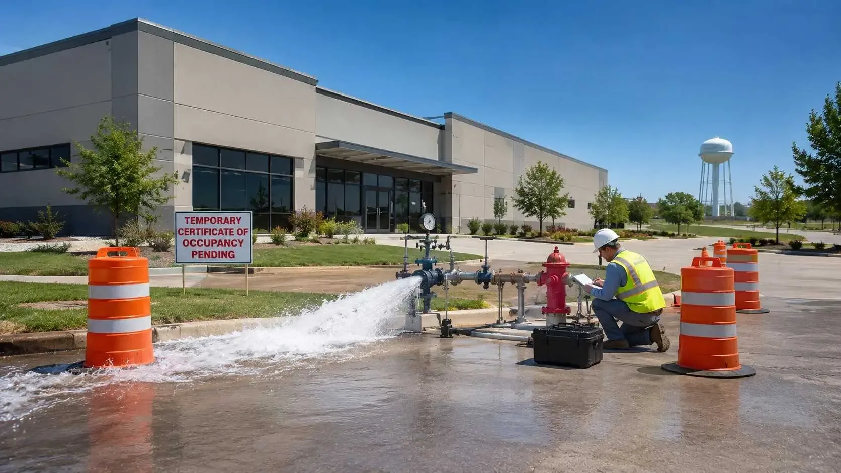 Commercial development site in McKinney stalled at certificate of occupancy stage due to fire flow constraint.