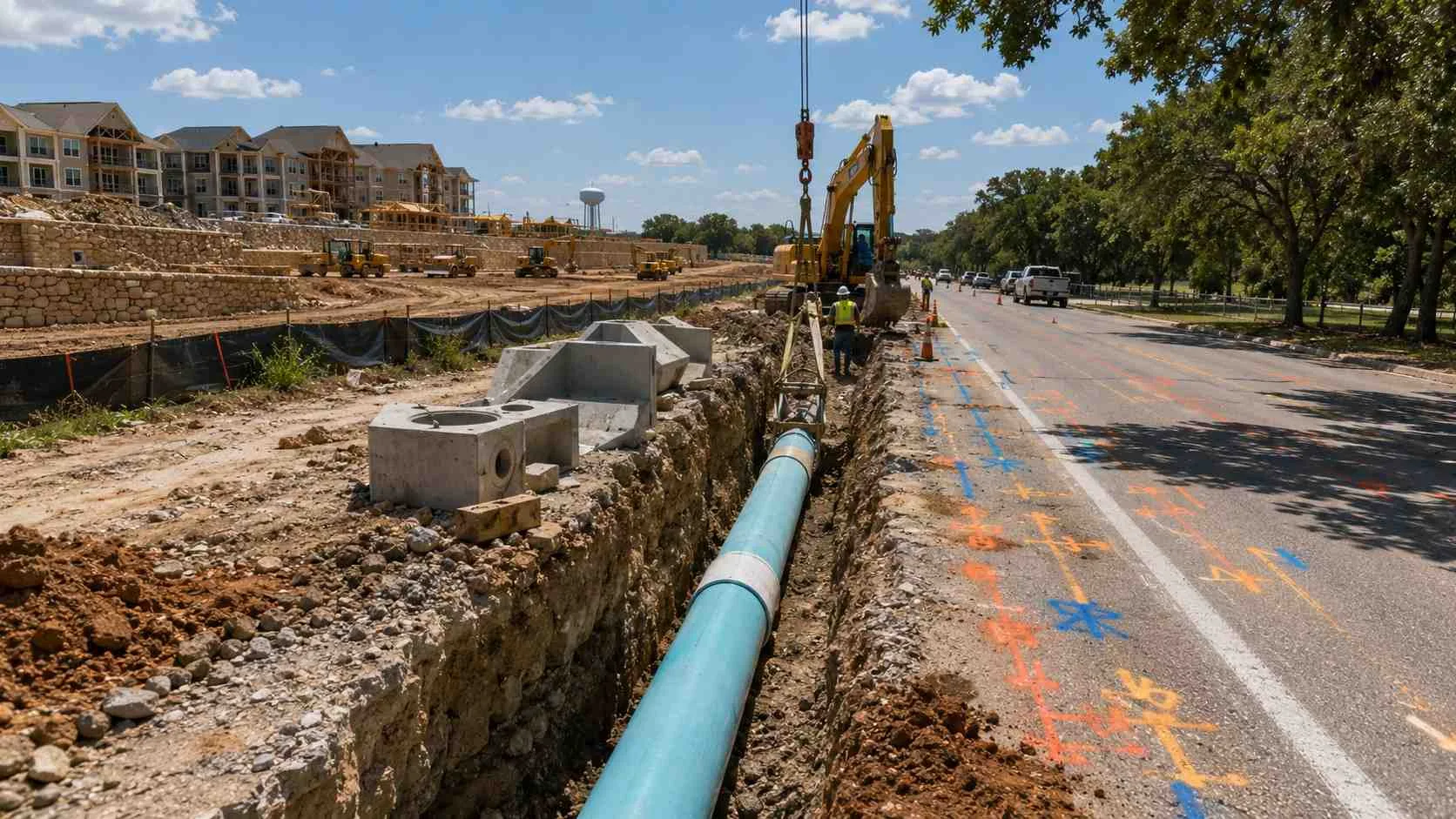 Off site water main extension under construction for Austin area development.