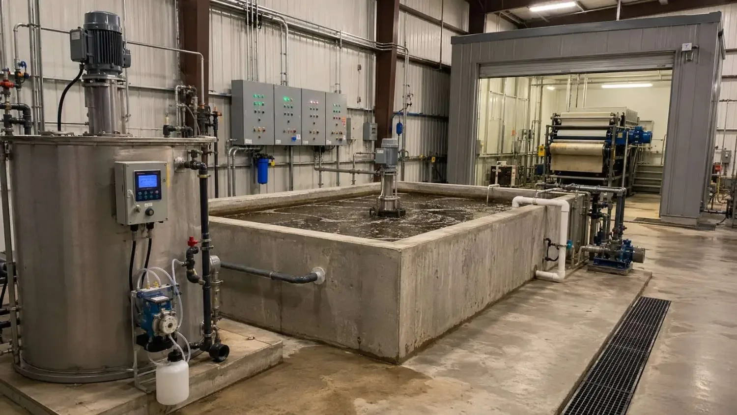 Ground-level shot of an industrial process wastewater pretreatment system at a Texas manufacturing facility showing pH adjustment tanks, metals precipitation equipment, a filter press and monitoring instrumentation.