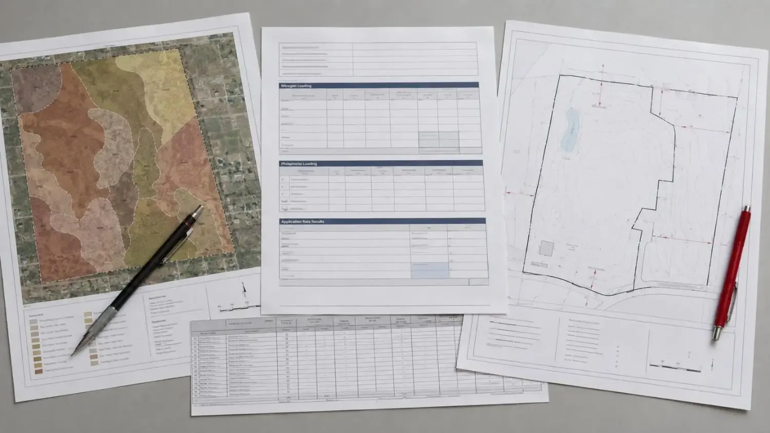 Flat-lay top-down shot of a Texas biosolids land application site authorization package showing a soil survey map, an agronomic rate calculation worksheet, a site boundary diagram with setback distances marked and a cumulative metals loading tracking table.