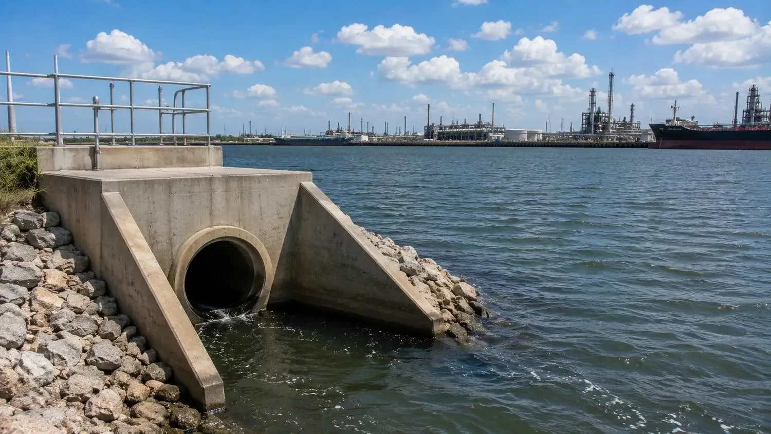 Industrial wastewater outfall structure on Houston Ship Channel receiving water.