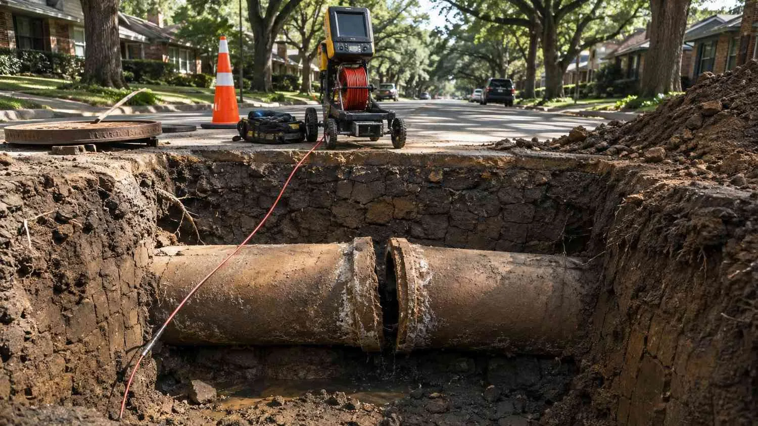 CCTV inspection revealing pipe joint deflection in Dallas reactive clay sewer main.