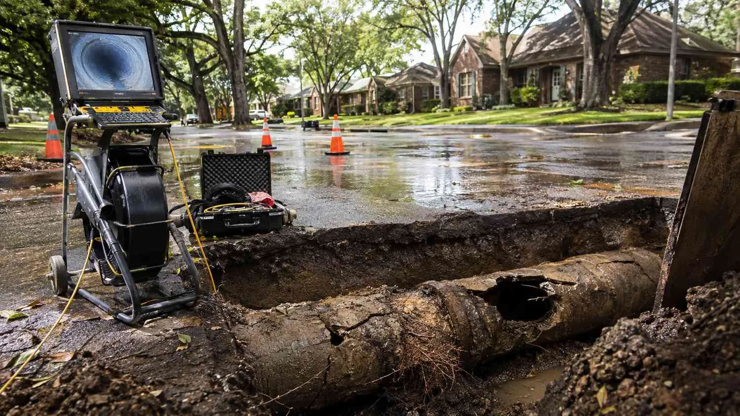 CCTV inspection revealing deteriorated pipe joint in Dallas aging sewer main.