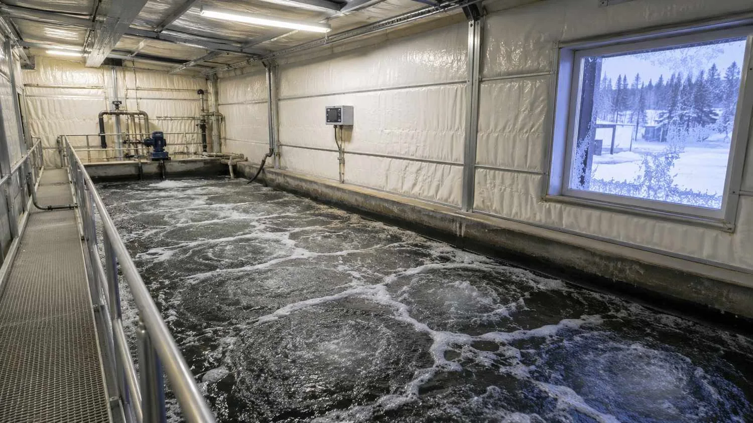 Interior shot of a Colorado mountain wastewater treatment plant biological process reactor during winter showing insulated aeration basin with temperature monitoring equipment