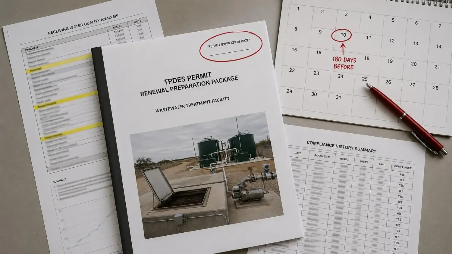 Close-up flat-lay of a TPDES permit renewal application package showing the permit expiration date circled on a cover page beside a 180-day submission deadline calendar and a receiving water quality analysis document