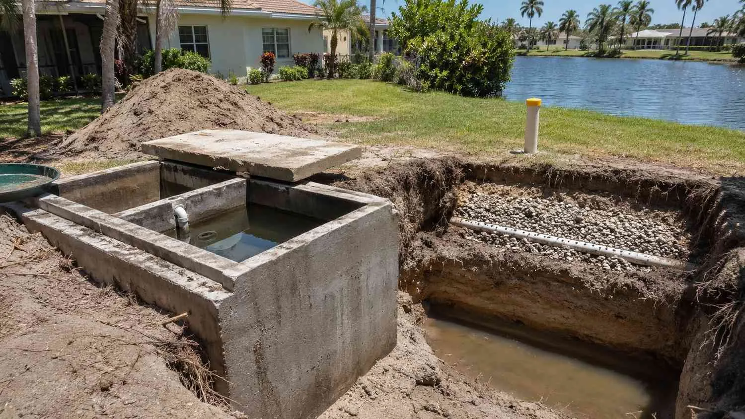 Cross-section of a Florida conventional septic system showing drain field nitrogen movement through sandy soil to groundwater near a water body.