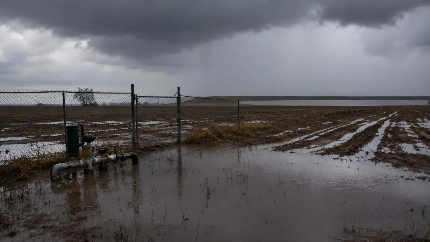 Flooded Texas reuse irrigation field in winter with saturated soil and standing water showing conditions when the reuse site cannot accept additional effluent and an undersized storage reservoir creates a compliance gap