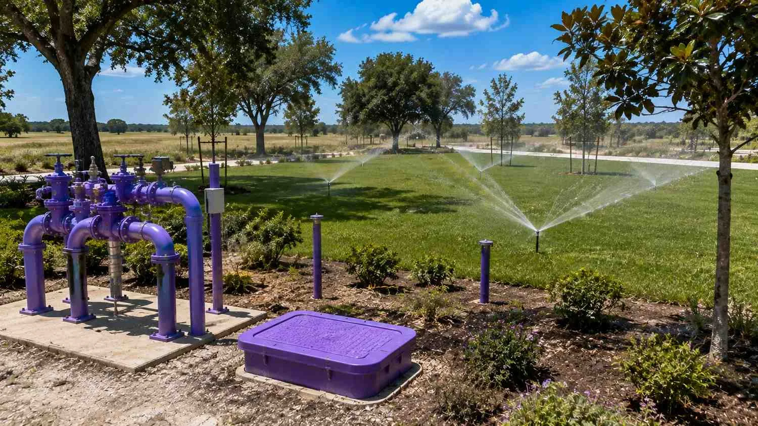 Reclaimed water reuse system serving Houston area master planned community amenity area.