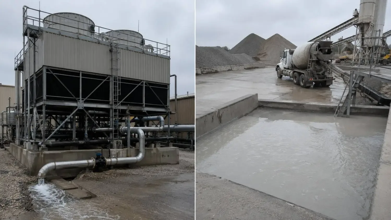 Side-by-side close-up of a data center cooling tower blowdown discharge point and a concrete batch plant washwater collection basin.