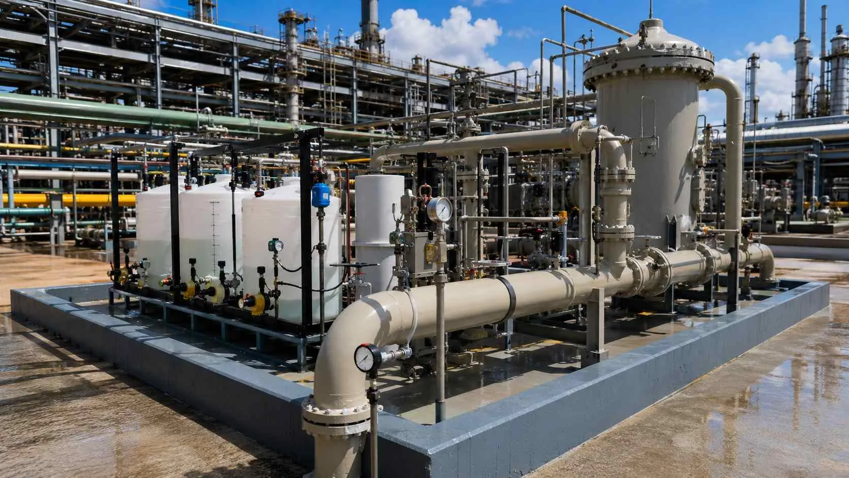 Industrial raw water treatment equipment at Houston Ship Channel facility.