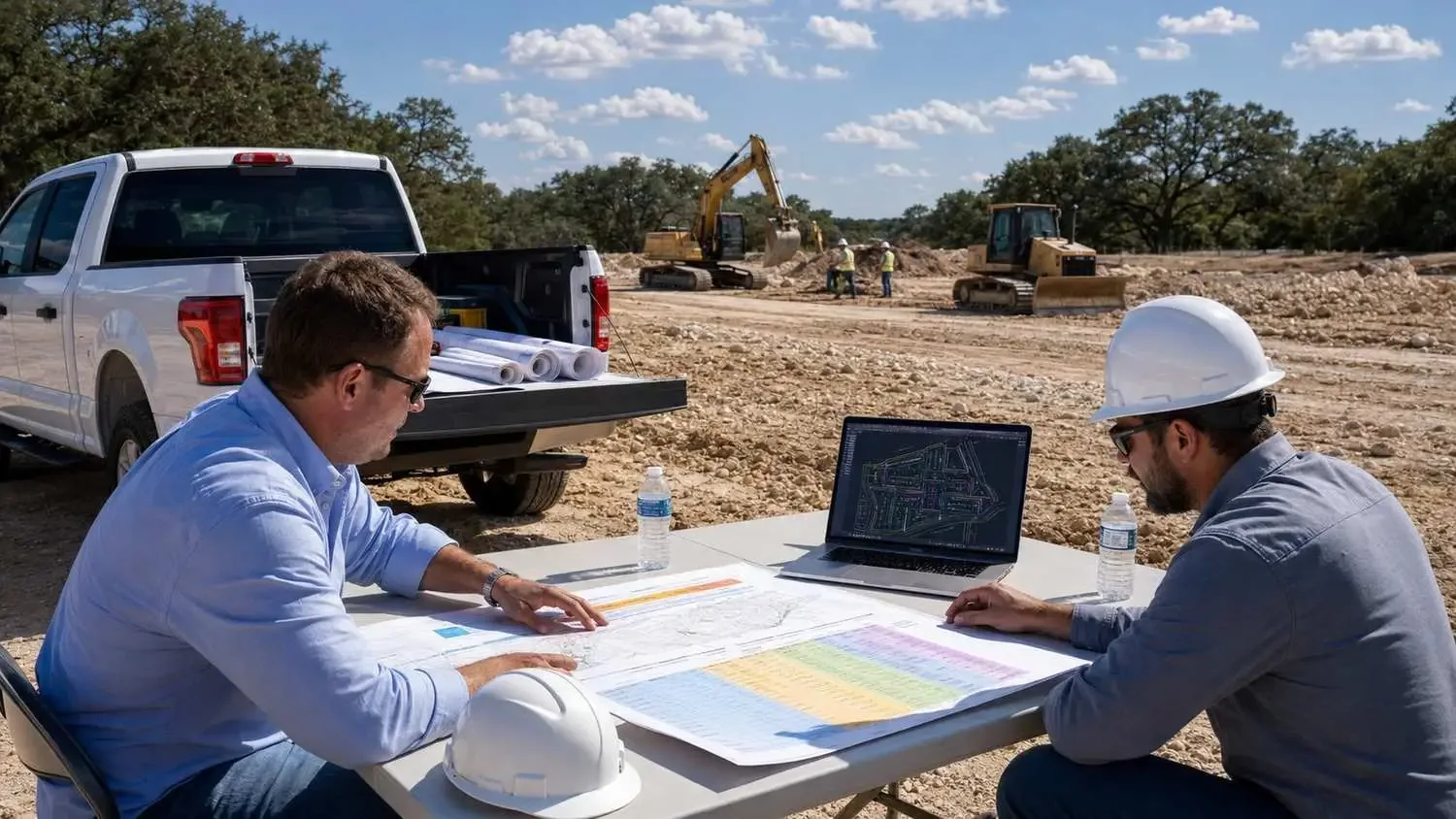 Developer and engineer standing at the edge of a vacant Texas land parcel during due diligence reviewing a printed utility feasibility report with a municipal water tower visible in one direction and open undeveloped land in the other