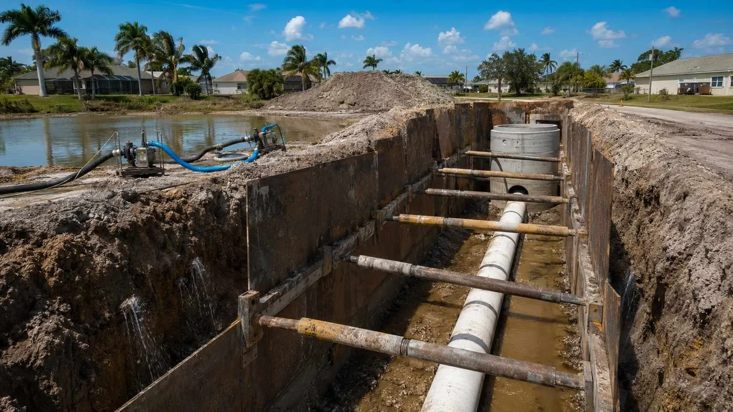 Deep gravity sewer trench excavation in Florida showing a high groundwater table that needs dewatering before lift station installation.