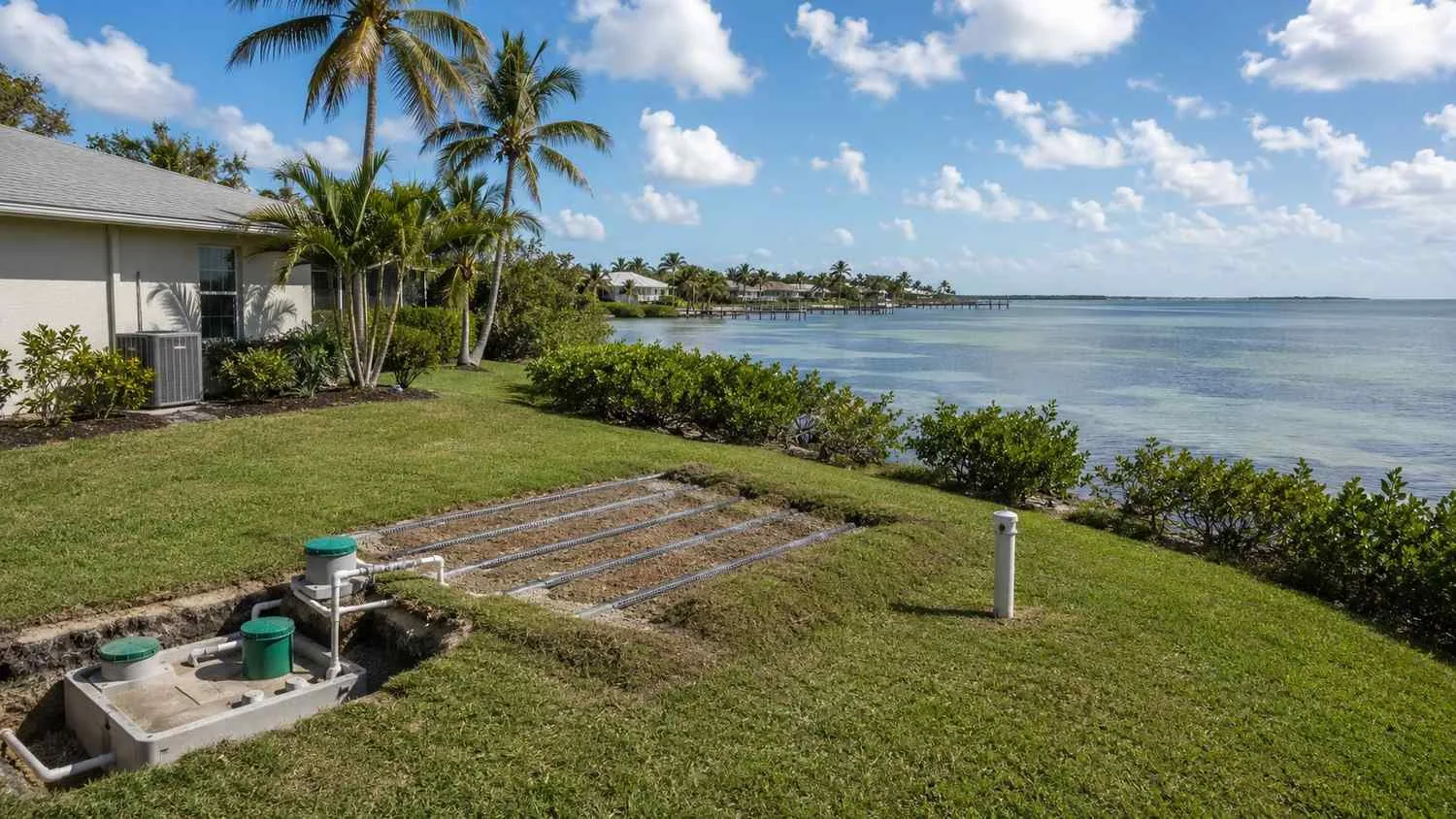 Florida coastal neighborhood septic system drain field near a tidal bay showing direct nitrogen loading pathway to coastal waters.