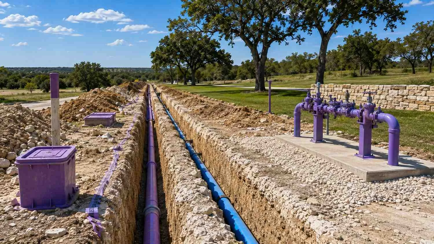 Purple reclaimed water distribution piping at Austin area HOA common area.