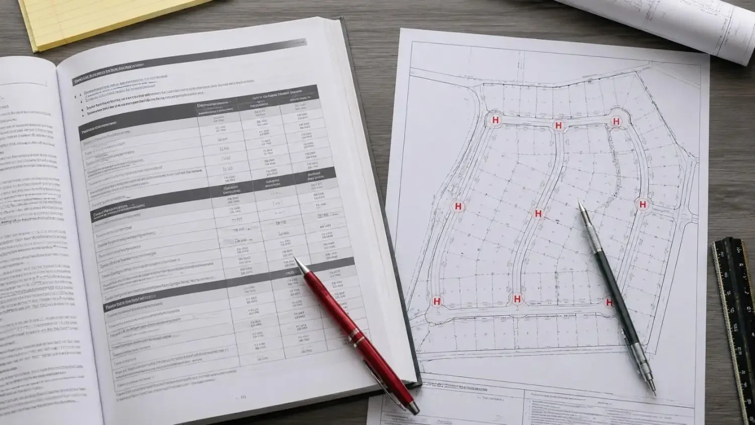 Flat-lay of IFC Appendix B fire flow requirement tables beside a Texas site plan showing occupancy classifications and required GPM thresholds.
