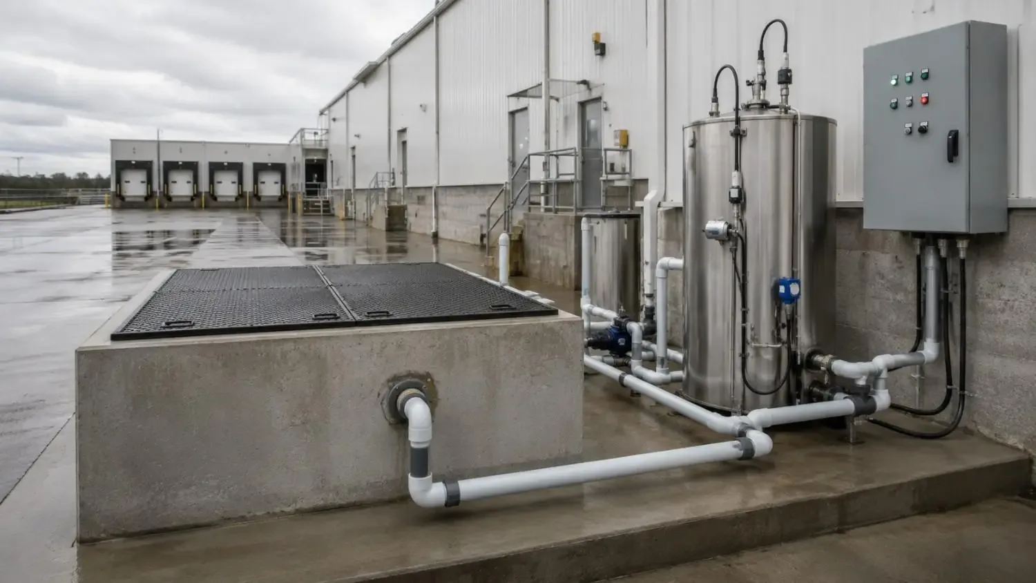 Industrial pretreatment equipment installation at a Texas food processing facility showing a large grease interceptor vault a pH adjustment tank with chemical feed equipment and a flow equalization basin representing the capital cost of pretreatment compliance before POTW connection