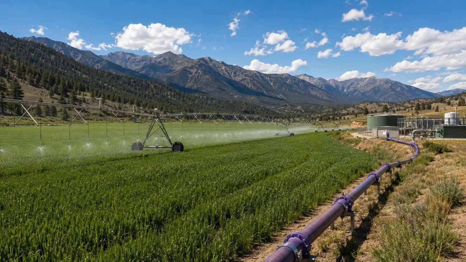 Colorado agricultural irrigation system receiving reclaimed water from a treatment plant.