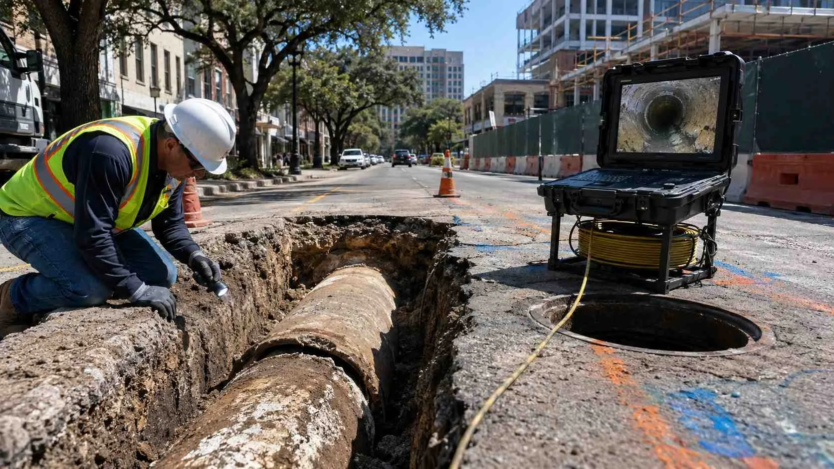 Aging sewer main condition assessment at Dallas infill redevelopment site.