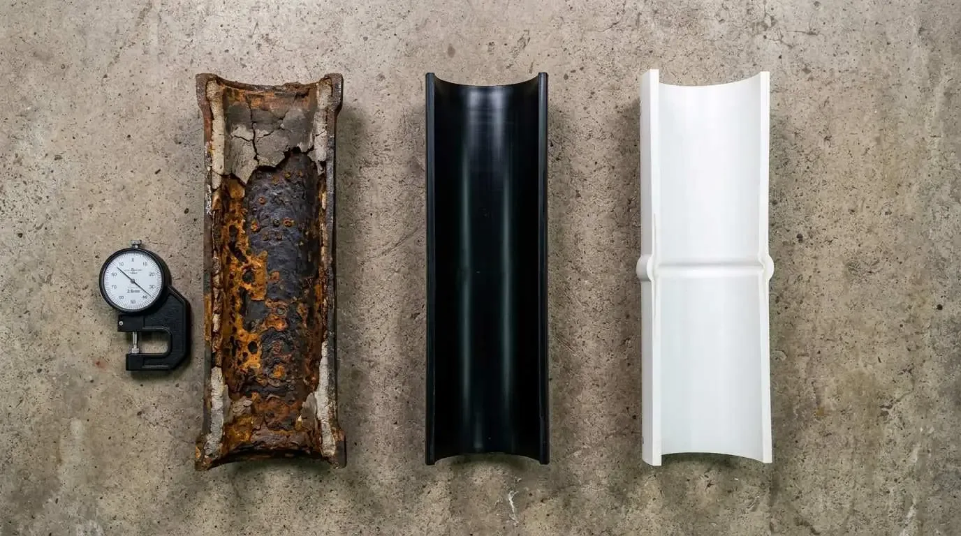 Side-by-side comparison of corroded ductile iron pipe section and new HDPE force main pipe showing the corrosion resistance difference.