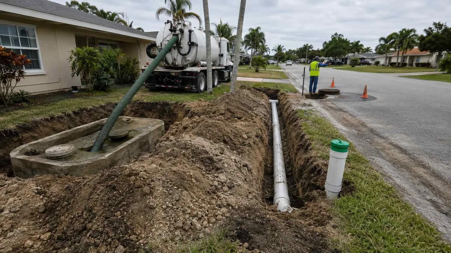 Florida septic-to-sewer conversion showing lateral connection installation and existing septic tank abandonment at a residential property.