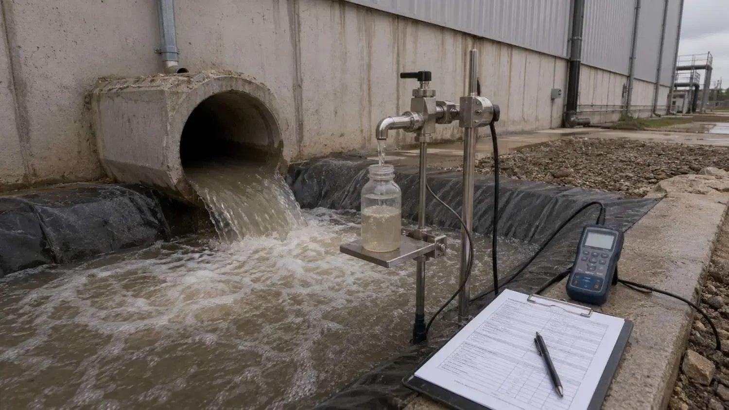 Field technician collecting stormwater outfall samples at a Texas industrial facility during a qualifying discharge event for TXR050000 benchmark monitoring requirements.